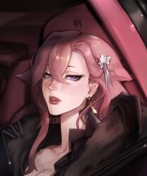 Rule 34 | 1girl, absurdres, alternate costume, artist name, black fur, black gloves, bow, breasts, car interior, car seat, cleavage, collarbone, commentary, earrings, fang, fur shawl, genshin impact, gloves, hair between eyes, hair bow, highres, jewelry, large breasts, lart art1, lipstick, long hair, looking at viewer, makeup, parted lips, pink hair, portrait, purple eyes, red lips, shawl, sitting, solo, teeth, watermark, white bow, yae miko