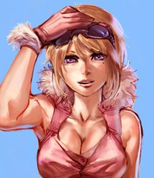 Rule 34 | 1girl, bare shoulders, blonde hair, bow (bhp), breasts, cleavage, gloves, large breasts, mole, mole under eye, original, purple eyes, solo, sunglasses