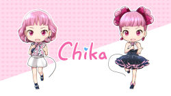 Rule 34 | 1girl, ankle boots, bare arms, black dress, black footwear, blunt bangs, boots, bow, character name, chibi, chika (vocaloid), collared shirt, double bun, dress, dual persona, earrings, frilled dress, frills, full body, hair bow, hair bun, hair ribbon, heart, heart background, holding, holding microphone, hoop earrings, jewelry, kikuchi mataha, leg up, looking at viewer, medium hair, microphone, music, open mouth, outline, outstretched arm, pink background, pink eyes, pink hair, print shirt, red bow, ribbon, shirt, shorts, singing, sleeveless, sleeveless dress, sleeveless shirt, smile, standing, standing on one leg, vocaloid, white outline, white shorts, wing collar