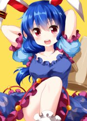 Rule 34 | 1girl, animal ears, arms behind back, arms up, blue dress, blue hair, dress, earclip, foot out of frame, hair between eyes, highres, holding, holding mallet, holding weapon, kine, knee up, long hair, looking at viewer, mallet, moon rabbit, open mouth, puffy short sleeves, puffy sleeves, rabbit ears, red eyes, ruu (tksymkw), seiran (touhou), short sleeves, simple background, solo, standing, standing on one leg, teeth, thighs, touhou, v-shaped eyebrows, weapon, white legwear, yellow background