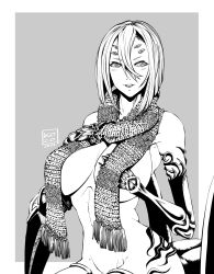 Rule 34 | 1girl, arthropod girl, artist name, breasts, cowboy shot, extra eyes, grey background, hands on own chest, highres, insect girl, ko20 art, large breasts, mole, monochrome, monster musume no iru nichijou, nude, rachnera arachnera, scarf, short hair, signature, simple background, sitting, solo, spider girl