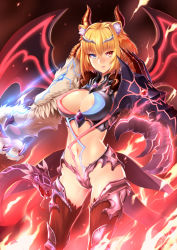 Rule 34 | 1girl, animal ear fluff, animal ears, animal hands, areola slip, armor, bikini armor, blonde hair, blue eyes, breasts, butter-t, chimera, chimera (monster girl encyclopedia), claws, commentary request, crotch plate, dragon horns, electricity, energy, epic, fire, glowing, goat horns, heterochromia, horns, large breasts, lightning, lion ears, looking at viewer, monster girl, monster girl encyclopedia, monster girl encyclopedia ii, navel, parted lips, red eyes, revealing clothes, short hair, snake, snake head tail, snake tail, solo, tail, thong, wings