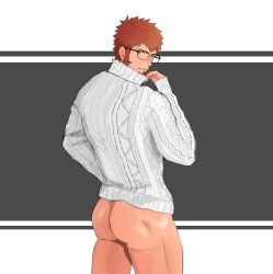 Rule 34 | 1boy, absurdres, aoshima93, ass, back, bara, black-framed eyewear, blue eyes, bottomless, brown hair, closed mouth, facial hair, fate/grand order, fate (series), glasses, goatee, highres, looking back, male focus, muscular, muscular male, naked shirt, napoleon bonaparte (fate), shirt, short hair, sideburns, simple background, solo, sweater, thick thighs, thighs, white sweater