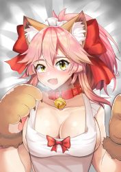 Rule 34 | 1girl, absurdres, animal ear fluff, animal ears, animal hands, apron, bad id, bad pixiv id, bell, blush, breasts, cat paws, cleavage, collar, collarbone, fangs, fate/grand order, fate (series), fox ears, gloves, harsegerwa, highres, jingle bell, large breasts, long hair, looking at viewer, naked apron, neck bell, open mouth, paw gloves, paw shoes, pink hair, ponytail, shoes, solo, sweat, tamamo (fate), tamamo cat (fate), tamamo cat (third ascension) (fate)