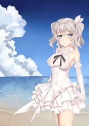 Rule 34 | 10s, 1girl, bare shoulders, beach, black bow, black bowtie, blue eyes, blue sky, blush, bow, bowtie, breasts, cloud, covered erect nipples, covered navel, day, dress, elbow gloves, frilled dress, frills, gloves, grey hair, hair ribbon, halterneck, kantai collection, kashima (kancolle), large breasts, looking at viewer, navel, ocean, outdoors, ribbon, rure, sky, smile, solo, standing, twintails, white dress, white gloves, white ribbon