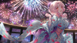 Rule 34 | 1girl, :d, absurdres, aerial fireworks, animal print, blue kimono, blush, breasts, commentary request, fireworks, fish print, flower bracelet, from side, hand up, highres, houchi shoujo, japanese clothes, kimono, kinokohime, large breasts, long hair, long sleeves, looking at viewer, night, obi, open mouth, outdoors, pink hair, print kimono, red eyes, sash, smile, solo, striped clothes, striped kimono, vertical-striped clothes, vertical-striped kimono