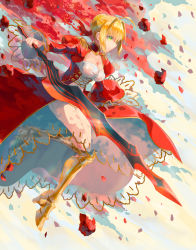 Rule 34 | 10s, 1girl, ahoge, armored boots, blonde hair, boots, breasts, choker, cleavage, dress, fate/extra, fate (series), flower, full body, green eyes, hair bun, hair ribbon, highres, holding, holding sword, holding weapon, knee boots, long dress, medium breasts, nero claudius (fate), nero claudius (fate) (all), nero claudius (fate/extra), petals, red flower, red ribbon, red rose, ribbon, rose, see-through, short hair, sidelocks, single hair bun, sirohi, solo, sword, weapon, yellow footwear