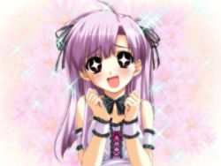 Rule 34 | + +, 00s, 1girl, :d, blush, boy meets girl, breasts, brown eyes, happiness!, long hair, open mouth, purple hair, ribbon, shingyouji mao, small breasts, smile, solo, sparkle, two side up