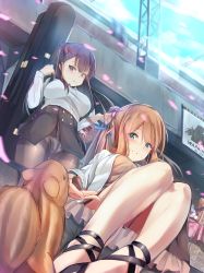 Rule 34 | 2girls, :o, absurdres, alternate costume, bag, basket, beige skirt, black footwear, black legwear, black skirt, blue sky, blush, bottle, breasts, brown hair, brown shirt, cloud, crotch seam, day, eyes visible through hair, floating hair, food, from below, girls&#039; frontline, green eyes, hair between eyes, hair over shoulder, hair ribbon, hair rings, half-closed eyes, half updo, high-waist skirt, highres, holding, holding bag, idw (girls&#039; frontline), jacket, large breasts, long hair, long sleeves, looking at viewer, looking down, low twintails, macaron, multicolored ribbon, multiple girls, one side up, open clothes, open jacket, open mouth, outdoors, panties, pantyhose, pantyshot, parted lips, petals, ponytail, purple hair, red eyes, ribbon, septet (zrca janne), sharing food, shirt, side ponytail, sidelocks, sign, sitting, skirt, sky, smile, spiked hair, springfield (girls&#039; frontline), squirrel, stairs, standing, strap, sunlight, tareme, thighband pantyhose, thighs, tsundere, tsurime, twintails, underwear, wa2000 (girls&#039; frontline), white jacket, white panties, white shirt, wind3064045