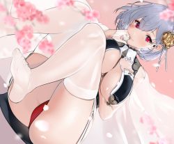 Rule 34 | 1girl, ass, azur lane, between breasts, braid, breast curtains, breasts, cherry blossoms, china dress, chinese clothes, dress, garter straps, gloves, grey dress, half gloves, highres, large breasts, looking at viewer, neckwear between breasts, oshida bob, panties, red eyes, red panties, revealing clothes, see-through, see-through sleeves, short hair, side braid, sirius (azur lane), sirius (azure horizons) (azur lane), solo, strap between breasts, thighhighs, underwear, white gloves, white thighhighs
