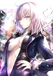 Rule 34 | 1girl, absurdres, ahoge, black dress, blue coat, breasts, center opening, cleavage, closed mouth, coat, dress, fate/grand order, fate (series), fence, full-length zipper, fur-trimmed coat, fur trim, hane yuki, highres, huge filesize, jeanne d&#039;arc (fate), jeanne d&#039;arc alter (fate), jeanne d&#039;arc alter (ver. shinjuku 1999) (fate), large breasts, long sleeves, looking at viewer, navel, official alternate costume, short hair, silver hair, solo, wicked dragon witch ver. shinjuku 1999, yellow eyes, zipper