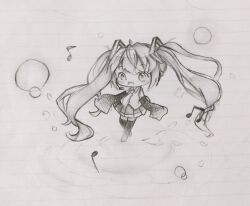 Rule 34 | 1girl, aoi (lgwa7reg7ystlpq), blush, bubble, chibi, dancing, detached sleeves, graphite (medium), hatsune miku, headphones, headset, long sleeves, microphone, monochrome, music, musical note, singing, sketch, solo, thighhighs, traditional media, twintails, vocaloid