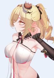 Rule 34 | absurdres, armpits, blonde hair, crop top, crown, detached sleeves, drill hair, fenny golden, hair ribbon, hand up, highres, looking to the side, midriff, mini crown, nan ji yun, ponytail, ribbon, simple background, snowbreak: containment zone, striped clothes, vertical-striped clothes
