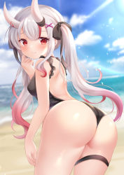 Rule 34 | 1girl, ass, backless swimsuit, bare arms, bare shoulders, beach, black bow, black one-piece swimsuit, blue sky, blurry, blurry background, bow, closed mouth, cloud, cloudy sky, commentary request, day, depth of field, from behind, grey hair, hair bow, hair ornament, hairclip, hand up, hololive, horns, long hair, looking at viewer, looking back, multicolored hair, nakiri ayame, nikoo, ocean, one-piece swimsuit, oni, outdoors, red eyes, red hair, revision, sand, skin-covered horns, sky, smile, solo, streaked hair, swimsuit, twintails, very long hair, virtual youtuber, water, x hair ornament