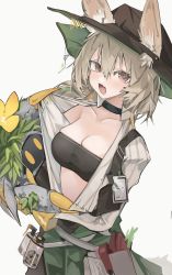 Rule 34 | 1girl, animal, arknights, bandeau, beanstalk (arknights), beanstalk (elite ii) (arknights), black bandeau, black choker, black headwear, blouse, breasts, brown hair, choker, cleavage, clothes pull, collarbone, commentary, cowboy shot, ears through headwear, fang, green skirt, grey background, grey shirt, hair between eyes, hat, highres, holding, holding animal, hyena ears, id card, medium breasts, metal crab (arknights), mikozin, open clothes, open mouth, open shirt, orange eyes, pulling another&#039;s clothes, shirt, shirt pull, short hair, simple background, skin fang, skindentation, skirt, strapless, symbol-only commentary, tube top, white background, white shirt