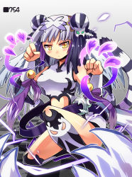 Rule 34 | 1girl, attack, bare shoulders, bell, blue hair, blush, cat hair ornament, checkered floor, china dress, chinese clothes, claws, clenched hands, double bun, dress, emon-yu, energy, floor, grey background, hair bun, hair ornament, haku (p&amp;d), jingle bell, kneehighs, long hair, multicolored hair, purple hair, purple ribbon, puzzle &amp; dragons, ribbon, shirt, sleeveless, sleeveless dress, socks, solo, tail, tiger tail, two-tone hair, white dress, white socks, white shirt, yellow eyes