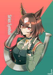 Rule 34 | 1girl, animal ears, black gloves, breasts, brown hair, character name, closed mouth, collared shirt, cropped torso, fingerless gloves, gloves, green shirt, hair between eyes, hand up, hi (ibisf5umauma), highres, horse ears, horseshoe, index finger raised, long hair, looking at viewer, medium breasts, navel, red eyes, shirt, simple background, sirius symboli (umamusume), smile, solo, twitter username, two-tone background, umamusume, upper body, v-shaped eyebrows