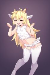 Rule 34 | 1girl, :d, ^ ^, animal ears, bare arms, bare shoulders, blonde hair, clenched hands, closed eyes, commentary, ear tag, english commentary, fang, fur, hair between eyes, hands up, highres, horns, iwbitu, long hair, midriff, navel, open mouth, original, sheep ears, sheep girl, sheep horns, sheep tail, simple background, smile, solo, tail, very long hair, white fur