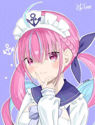 Rule 34 | 1girl, absurdres, anchor symbol, bow, colored inner hair, dress, fxxa496, hairband, heart, highres, hololive, long sleeves, looking at viewer, minato aqua, minato aqua (sailor), multicolored hair, official alternate costume, pink eyes, sailor collar, sailor dress, school uniform, simple background, twintails, virtual youtuber