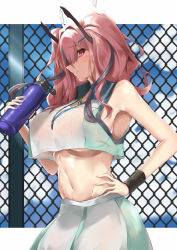 Rule 34 | 1girl, absurdres, armpits, azur lane, bare shoulders, bow, breasts, bremerton (azur lane), bremerton (scorching-hot training) (azur lane), chain-link fence, cloud, commentary request, covered erect nipples, cowboy shot, crop top, fence, from side, grey hair, hair between eyes, hair bow, hair ornament, hairclip, hand on own hip, heart, heart necklace, highres, jewelry, large breasts, long hair, looking at viewer, midriff, multicolored hair, navel, necklace, noazzark, outdoors, pink eyes, pink hair, shirt, sleeveless, sleeveless shirt, streaked hair, twintails, two-tone hair, two-tone shirt, underboob, wet, wet clothes, x hair ornament