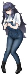 Rule 34 | 1girl, absurdres, alternate costume, black footwear, black hair, boots, breasts, closed mouth, collared shirt, commentary request, creatures (company), cross-laced footwear, denim, full body, game freak, hair between eyes, hairband, hex maniac (pokemon), highres, lace-up boots, long hair, looking at viewer, nintendo, overalls, own hands together, pigeon-toed, pokemon, pokemon xy, purple hairband, shirt, short sleeves, simple background, smile, solo, white background, white shirt, zib (boriku)