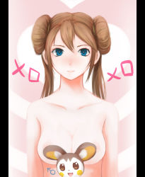 Rule 34 | 10s, 1girl, blue eyes, breasts, brown hair, censored, convenient censoring, creatures (company), double bun, emolga, game freak, gen 5 pokemon, hair bun, highres, long hair, looking at viewer, medium breasts, moekyon, nintendo, nude, pokemon, pokemon (creature), pokemon bw2, rosa (pokemon), smile, twintails