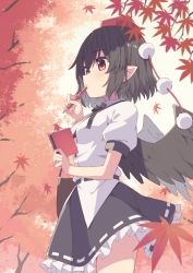 Rule 34 | 1girl, autumn leaves, bird wings, black hair, black skirt, collared shirt, cowboy shot, feathered wings, hat, highres, hiyaya (kochi michikaze), holding, holding pen, leaf, maple leaf, maple tree, pen, pleated skirt, pointy ears, pom pom (clothes), puffy short sleeves, puffy sleeves, red eyes, red hat, shameimaru aya, shirt, short hair, short sleeves, skirt, solo, tokin hat, touhou, tree, white shirt, wings