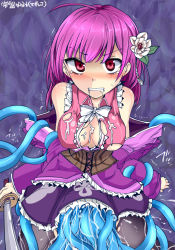 Rule 34 | 1girl, angry, bags under eyes, character name, clenched teeth, copyright name, dress, drooling, flower, hair flower, hair ornament, highres, looking at viewer, magia record: mahou shoujo madoka magica gaiden, mahou shoujo madoka magica, mos yen, pink hair, rape, restrained, sword, teeth, tentacle sex, tentacles, tokiwa nanaka, torn clothes, trembling, weapon
