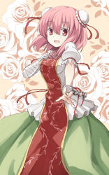 Rule 34 | 1girl, aono (anotherk), bandages, bun cover, chain, chinese clothes, cuffs, double bun, floral background, flower, ibaraki kasen, open mouth, pink eyes, pink hair, rose, short hair, sketch, skirt, smile, solo, tabard, touhou