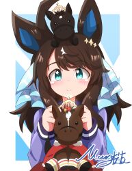 Rule 34 | 1girl, absurdres, ahoge, animal, animal on head, black hair, blue eyes, blush, border, cape, closed mouth, commentary request, creature and personification, daring tact (racehorse), daring tact (umamusume), ear ornament, hair ornament, highres, horse girl, liberty island (racehorse), long sleeves, matty (matsutomo), medium hair, multicolored hair, on head, portrait, purple skirt, red cape, school uniform, signature, skirt, smile, solo, streaked hair, tiara, tracen school uniform, umamusume, upper body, white hair, winter uniform