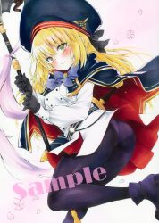 Rule 34 | 1girl, arim0k0, artoria caster (fate), artoria caster (second ascension) (fate), artoria pendragon (fate), ass, black cape, black footwear, black gloves, black headwear, blonde hair, blue bow, blue bowtie, bow, bowtie, cape, closed mouth, fate/grand order, fate (series), gloves, highres, holding, holding staff, long hair, looking at viewer, marmyadose (fate), sample watermark, shirt, simple background, smile, staff, traditional media, watermark, white background, white shirt, yellow eyes