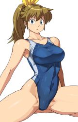 Rule 34 | 1girl, blue eyes, bow, brown hair, competition swimsuit, hair bow, highleg, highleg swimsuit, highres, long hair, m.u.g.e.n, oggy (oggyoggy), one-piece swimsuit, original, ponytail, ryuko (oggyoggy), shiny clothes, shiny skin, simple background, solo, swimsuit, white background, yellow bow