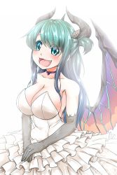 Rule 34 | 10s, 1girl, :d, akahito (kemoyuru), bare shoulders, breasts, chione (monster musume), choker, cleavage, collarbone, cowboy shot, dress, eyebrows, eyes visible through hair, fang, gargoyle, green eyes, green hair, highres, horns, jewelry, large breasts, long hair, matching hair/eyes, monster girl, monster musume no iru nichijou, monster musume no iru nichijou online, open mouth, ring, simple background, smile, solo, wedding band, wedding dress, wedding ring, white background, wings