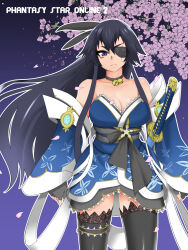 Rule 34 | 1girl, absurdres, assha (schector), black gloves, black hair, black thighhighs, blue eyes, blue kimono, blue sleeves, breasts, cherry blossoms, cleavage, closed mouth, commentary request, cowboy shot, detached sleeves, eyepatch, fingerless gloves, flower, frown, gloves, hair between eyes, highres, japanese clothes, katana, kimono, large breasts, long hair, looking at viewer, medium bangs, phantasy star, phantasy star online 2, pink flower, protagonist (pso2), scar, scar across eye, sheath, sheathed, sidelocks, solo, sword, thighhighs, v-shaped eyebrows, very long hair, weapon