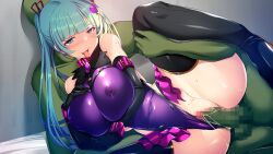 Rule 34 | 1girl, belt collar, blue eyes, blush, breasts, censored, clothing aside, collar, colored skin, covered erect nipples, covered navel, eyebrows hidden by hair, fujisaki satsuki, game cg, green hair, green skin, groin, happy, happy sex, indoors, large breasts, leg up, legs, leotard, leotard aside, lying, monster, mosaic censoring, on side, orc, original, penis, pussy, see-through, seijun hero x bitch ochi!!, sex, simple background, smile, thighhighs, thighs, torisan, twintails, vaginal