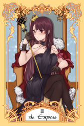 Rule 34 | 1girl, absurdres, armchair, black dress, black gloves, black pantyhose, blush, breasts, cape, chair, cloak, cloak lift, collarbone, crown, dress, english text, fur, fur cape, girls&#039; frontline, gloves, hair ornament, highres, huge filesize, jewelry, long hair, looking at viewer, medium breasts, official alternate costume, pantyhose, purple hair, red eyes, ribbon, rod, scepter, simple background, sitting, sitting on object, solo, stigmamyu, tarot, tarot (medium), the empress (tarot), thighhighs, wa2000 (ballroom interlude) (girls&#039; frontline), wa2000 (girls&#039; frontline)