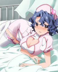 Rule 34 | 10s, 1girl, artist request, bed, blue hair, blush, breasts, brown eyes, cleavage, cleavage cutout, clothing cutout, hat, heart, heart cutout, hospital bed, idolmaster, idolmaster million live!, large breasts, looking at viewer, lying, no shoes, nurse, nurse cap, official art, on bed, smile, solo, thighhighs, toyokawa fuka, white thighhighs, zettai ryouiki