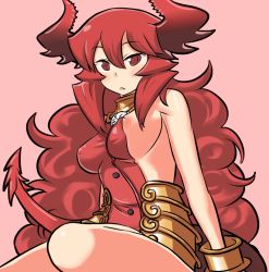 Rule 34 | 1girl, :&lt;, armlet, armor, bad id, bad tumblr id, bare legs, bare shoulders, blush, boots, bracelet, breasts, demon girl, demon tail, covered erect nipples, frown, horns, jewelry, large breasts, long hair, maou beluzel, matsuda yuusuke, nipple slip, nipples, original, red eyes, red hair, sideboob, sitting, solo, tail, yuusha to maou