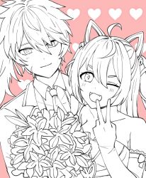 1boy 1girl :3 ahoge ara_haan bad_source bare_shoulders blush bouquet breasts bride cleavage coat couple diamond-shaped_pupils diamond_(shape) dress elsword fang fang_out flower groom gyoju_(only_arme_nim) hair_between_eyes heart high_ponytail highres large_breasts long_hair necktie nova_imperator_(elsword) official_alternate_costume one_eye_closed raven_cronwell ribbon scar scar_on_face shakti_(elsword) shirt sidelocks smile symbol-shaped_pupils v wedding wedding_dress