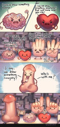 Rule 34 | &gt;:), :d, ^ ^, arm up, artist name, black eyes, blue eyes, blush stickers, brain, brown eyes, closed eyes, closed mouth, comic, commentary, dated, disembodied hand, disembodied penis, english commentary, english text, hand up, heart, highres, index finger raised, kawacy, no humans, open mouth, original, penis, smile, standing, testicles, v-shaped eyebrows