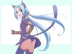 Rule 34 | 1girl, animal ears, ass, blue hair, cat ears, cat tail, fingerless gloves, from behind, full body, gloves, highres, kaien advance, long hair, looking at viewer, low twintails, meracle chamlotte, open mouth, panties, smile, solo, star ocean, star ocean the last hope, tail, thighhighs, twintails, underwear, wedgie
