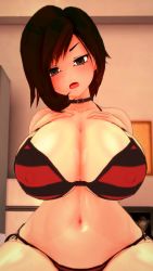 Rule 34 | 1girl, 3d, bikini, black bikini, black hair, blush, breasts, choker, cleavage, curvy, grey eyes, hand on own chest, highres, huge breasts, insane okamy, looking at viewer, navel, open mouth, red bikini, ruby rose, rwby, short hair, side-tie bikini bottom, solo, stomach, striped bikini, striped clothes, swimsuit, thick thighs, thighs, wide hips