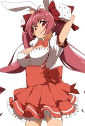 Rule 34 | 1girl, animal ears, arms up, bare shoulders, bow, breasts, rabbit ears, cleavage, closed mouth, commentary, cowboy shot, di gi charat, dice hair ornament, hair ornament, hatakenaka (kamagabuchi), highres, large breasts, long hair, looking at viewer, pink hair, puffy short sleeves, puffy sleeves, red bow, red eyes, short sleeves, simple background, solo, twintails, usada hikaru, very long hair, virtual youtuber, white background
