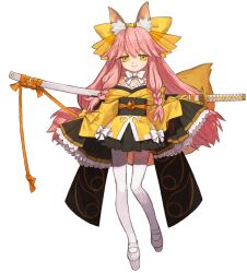 Rule 34 | animal ears, fate/samurai remnant, fate (series), fox ears, fox girl, fox tail, full body, japanese clothes, long sleeves, official art, pantyhose, pink hair, sword, tail, tamamo (fate), tamamo aria (fate), wada arco, weapon, white background, white footwear, white pantyhose, yellow eyes