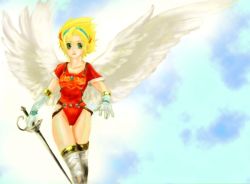 Rule 34 | 1girl, angel wings, armor, blonde hair, breath of fire, breath of fire i, capcom, gloves, green eyes, hairband, leotard, nina (breath of fire i), short hair, solo, sword, thighhighs, weapon, white wings, wings, yomogi (korin)