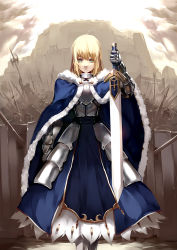 Rule 34 | 1girl, armor, armored dress, army, artoria pendragon (fate), blonde hair, blue dress, cape, dress, excalibur (fate/stay night), fate/stay night, fate (series), fur trim, green eyes, knight, lance, layered dress, looking at viewer, metal gloves, polearm, saber (fate), shield, solo focus, sword, trident, weapon, zen33n