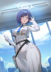Rule 34 | 1girl, absurdres, aoi (blue archive), arm up, belt, blue archive, blue eyes, blue hair, blue necktie, blue sky, blush, breasts, building, cloud, collared jacket, covered navel, cowboy shot, crop top, crop top overhang, cropped jacket, day, dress, gloves, gun, hair between eyes, halo, hand up, handgun, highres, holding, holster, holstered, huykho192, indoors, jacket, long sleeves, looking at viewer, medium breasts, mole, mole under eye, necktie, open mouth, parted lips, pointy ears, shirt, short hair, short sleeves, skirt, sky, smile, solo, standing, thigh holster, weapon, white dress, white gloves, white jacket, white uniform, wings