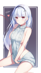 Rule 34 | absurdres, azur lane, backless dress, backless outfit, bare shoulders, bottomless, breasts, character name, clothes pull, collar, dido (azur lane), dress, groin, halterneck, heart, highres, large breasts, leash, lin (user uzmw2535), long hair, maid headdress, meme attire, naked sweater, no panties, pulling own clothes, purple background, red eyes, ribbed sweater, sideboob, silver hair, simple background, sitting, sleeveless, sleeveless sweater, solo, spread legs, sweater, sweater dress, sweater pull, tears, thighs, turtleneck, turtleneck sweater, virgin killer sweater
