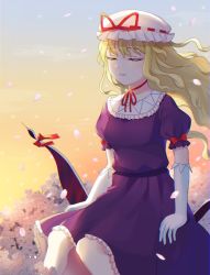 Rule 34 | 1girl, blonde hair, bow, c i an, cherry blossoms, closed eyes, closed mouth, dress, elbow gloves, falling petals, frilled dress, frills, gloves, highres, long hair, petals, purple dress, red bow, red ribbon, ribbon, smile, solo, sunset, touhou, white gloves, wind, yakumo yukari