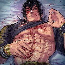 Rule 34 | 1boy, abs, bara, bare pectorals, black hair, blood on pectorals, character request, clothes lift, cuts, from above, highres, injury, j4hn, large pectorals, licking lips, lifting own clothes, looking at viewer, lying, male focus, mature male, muscular, muscular male, navel, nipples, on back, pectorals, shirt lift, solo, stomach, sweat, thick eyebrows, tongue, tongue out, tsurime, upper body, veiny pectorals